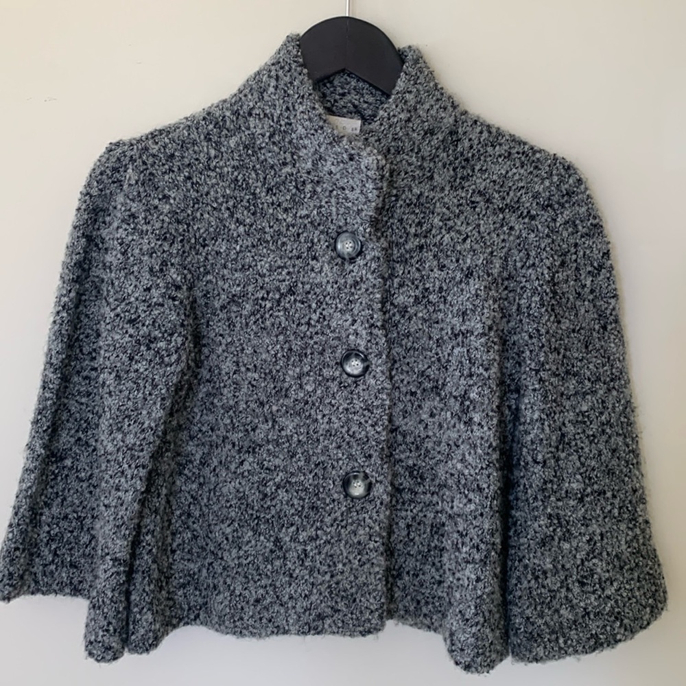 TWEEDS wool blend high neck bell sleeve 3 button sweater black gray SZ S cropped